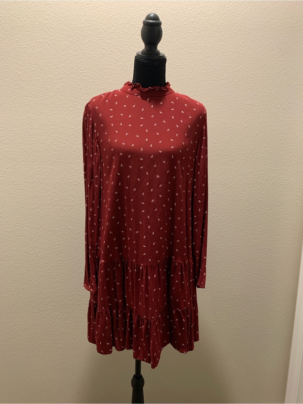 LOFT Brick Red Ruffle Neck Long Sleeve Tiered Dress (Size S)